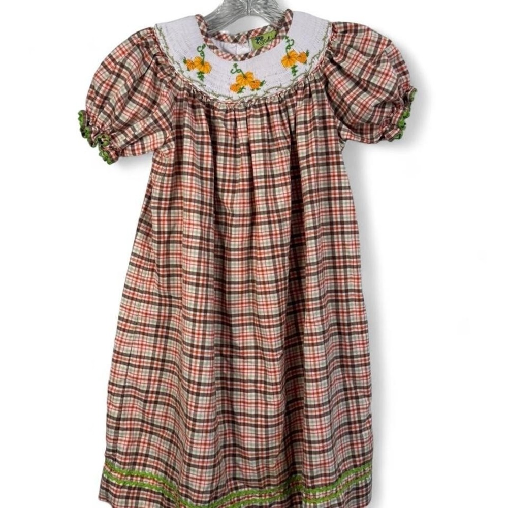 NWT Stellybelly girls size 5‎ Orange and white plaid pumpkin smocked dress